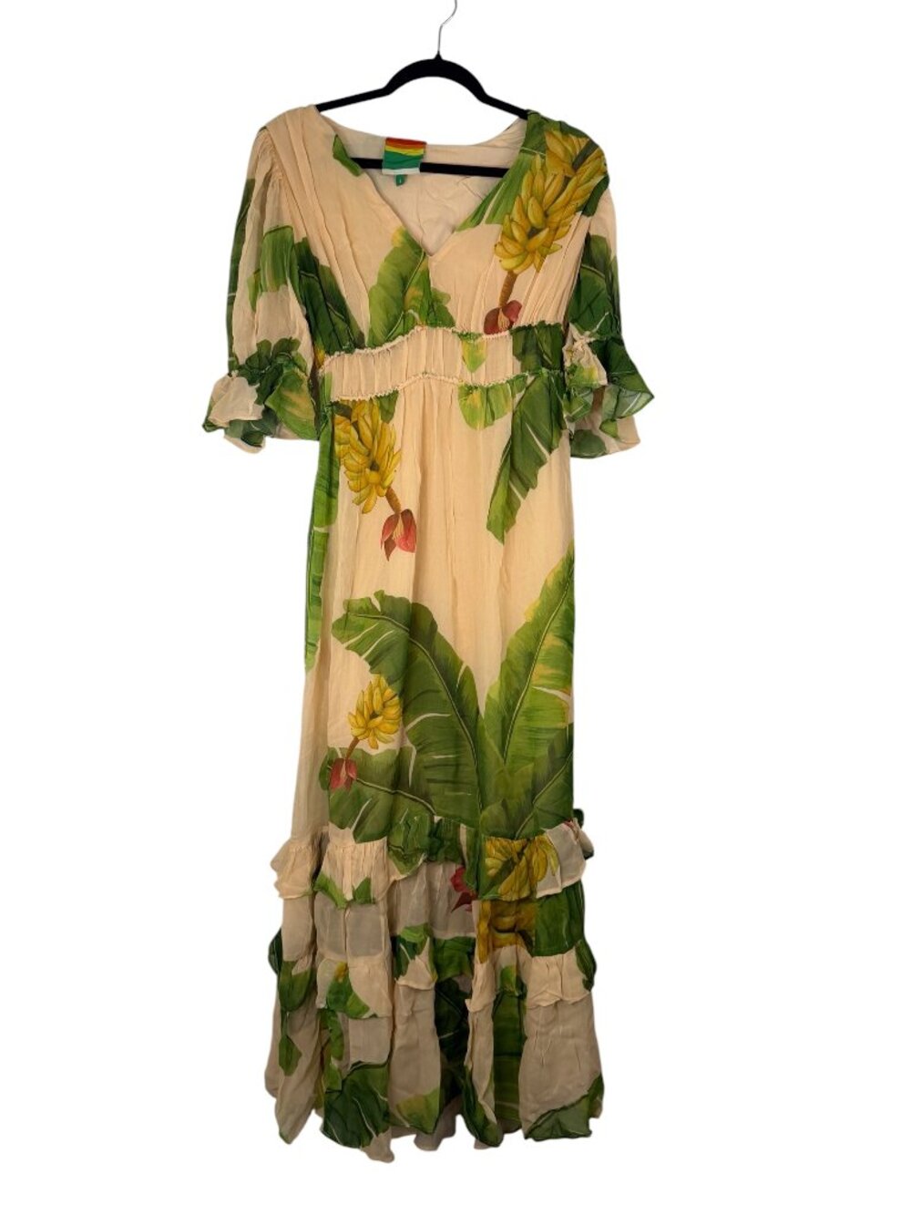 NWOT Farm Rio/Anthropologie Banana Print Maxi Tiered Dress – S- MSRP $330